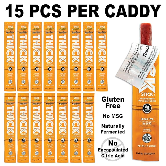 THICK STICK - STONERIDGE OLD-FASHIONED QUALITY MANGO &amp HABANERO - Hickory Smoked Pork and Beef Snack Sticks Gluten Free No MSG 15 Count THICK 1.5 oz Sticks High Protein Soy Free 15 Count