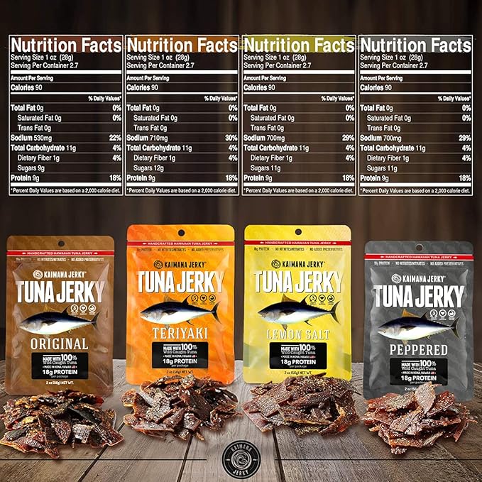 Kaimana Ahi Tuna Fish Jerky - Premium Protein &amp Rich In Omega-3's - All Natural &amp Wild Caught Tuna Jerky. Made in Hawaii USA. (4 Pack Variety Bundle)