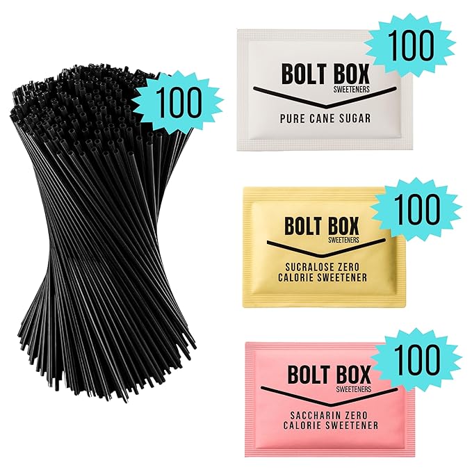 (400 total 100 each) Bolt Box Sugar &amp Sugar Substitute Packets Assorted Variety Pack (Cane Pink Saccharin Yellow Sucralose Stir Straws)