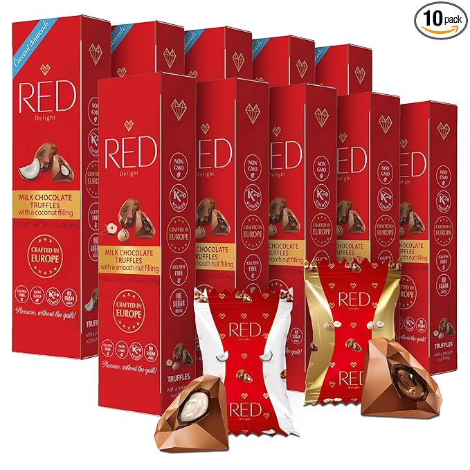 Red Delight Milk Chocolate Diamond Truffles Variety Pack - 1.55 oz Pack of 10 - Assorted Truffles with Coconut and Nut Fillings - European-Made No Added Sugar - Gluten-Free Kosher