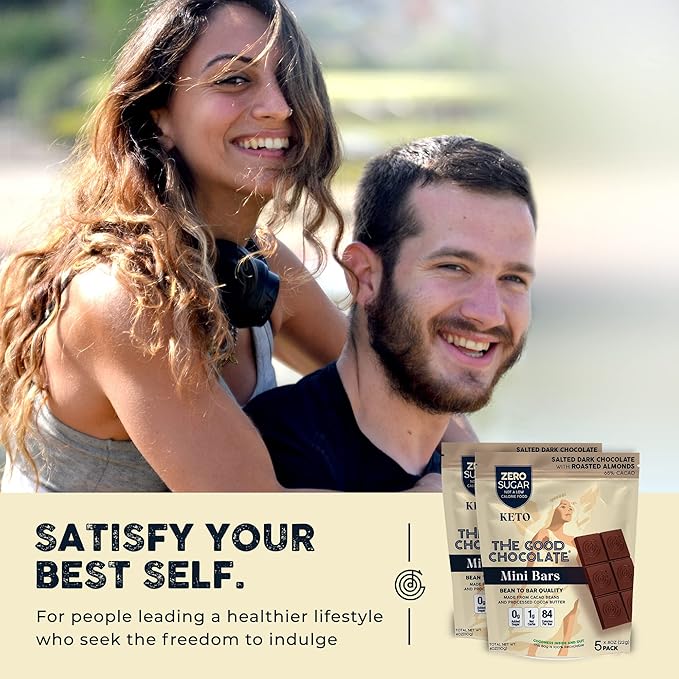 THE GOOD CHOCOLATE - Mini Salted Almonds Chocolate Bars with Zero Sugar &amp Lower Net Carb - Keto Chocolate Bar Offers Lower Calorie Chocolate Candy - All Natural Non-GMO (Pack of 10)