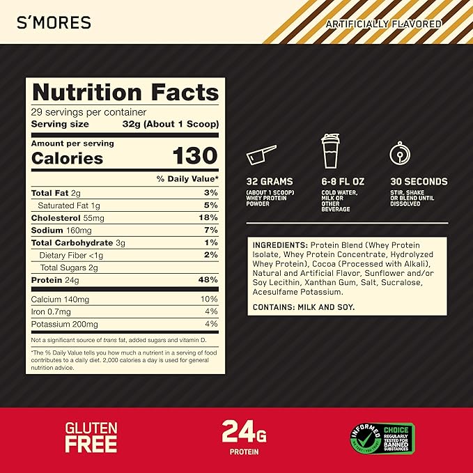 Optimum Nutrition New Flavor Gold Standard 100% Whey Protein Powder S'Mores 2 Pound (Pack of 1) (Packaging May Vary)