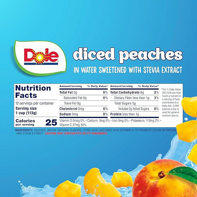 Dole Diced Peaches No Sugar Added - Dole Fruit Bowls Snacks - 4 oz Fruit Bowls - 12 Pack