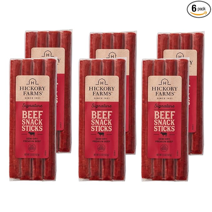 Hickory Farms Beef Sticks 6-Pack | High-protein snack gluten free meat sticks for snacking made with premium beef good for camping hiking lunch college care packages