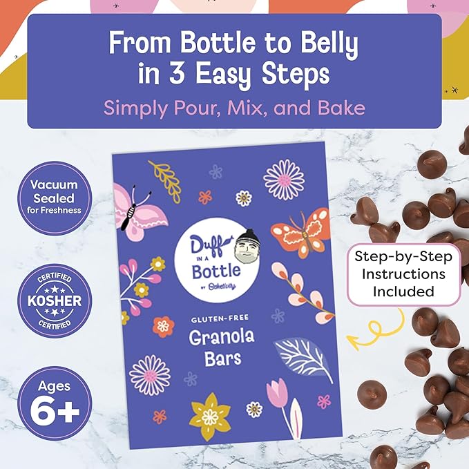 Baketivity Chocolate Granola Mix Duff in a Bottle Granola Bar Baking Kit for Kids and Adults Premeasured Ingredients like Oats Banana Chips Vanilla Sugar Unsweetened Coconut and Chocolate Chips 6 Pack