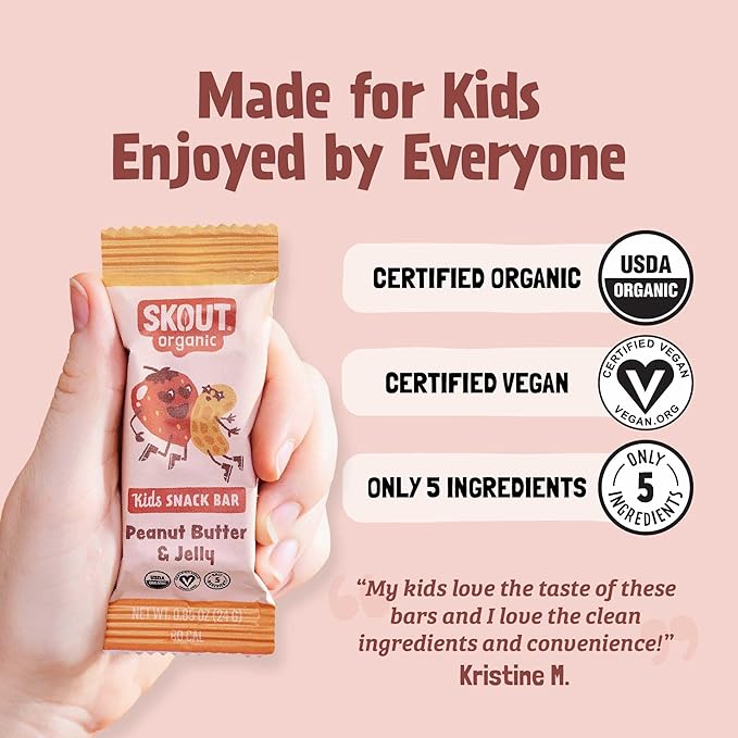 Skout Organic Plant-Based Protein Bars Peanut Butter &amp Jelly (12 Pack) - 10g Protein - Vegan Protein Bars - Only 5 Ingredients - Easy Snack - Gluten Dairy &amp Soy Free