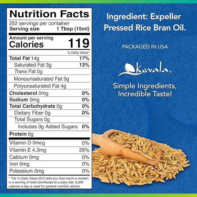 Kevala Rice Bran Oil – Smooth Oil with Delicate Scent and Flavor for Baking Great for Home and Restaurant Cooking Packed with Vitamin E and Antioxidants Bulk Size Bottle 128 fl oz 1 gal