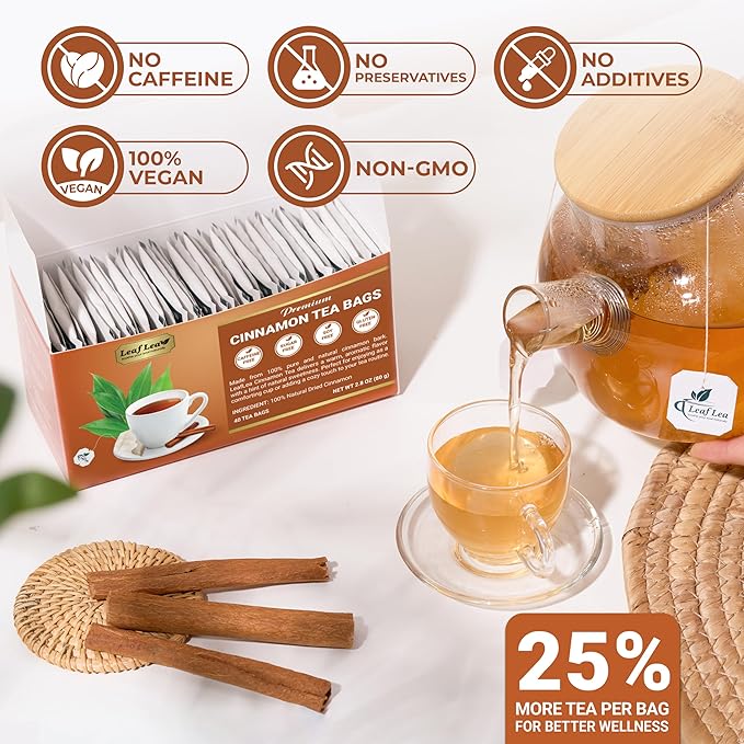 LeafLea Cinnamon Tea Bags 80 Count (2-Pack) 100% Natural Ground Cinnamon Stick Herbal Tea Spiced and Warming Flavor for Relaxation Caffeine-Free Sugar-Free Vegan