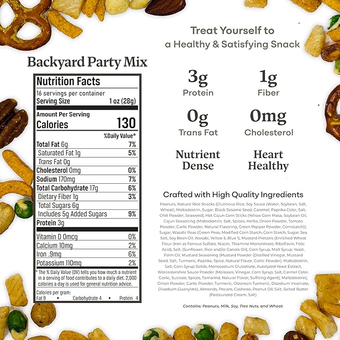 Belmont Peanuts Backyard Party Mix 18 oz (Pack of 1) | Butter Toffee Peanuts Wasabi Peas Cashews Corn &amp Rice Sticks Pecans Pretzels | Simple Ingredients No Preservatives Hand-Seasoned