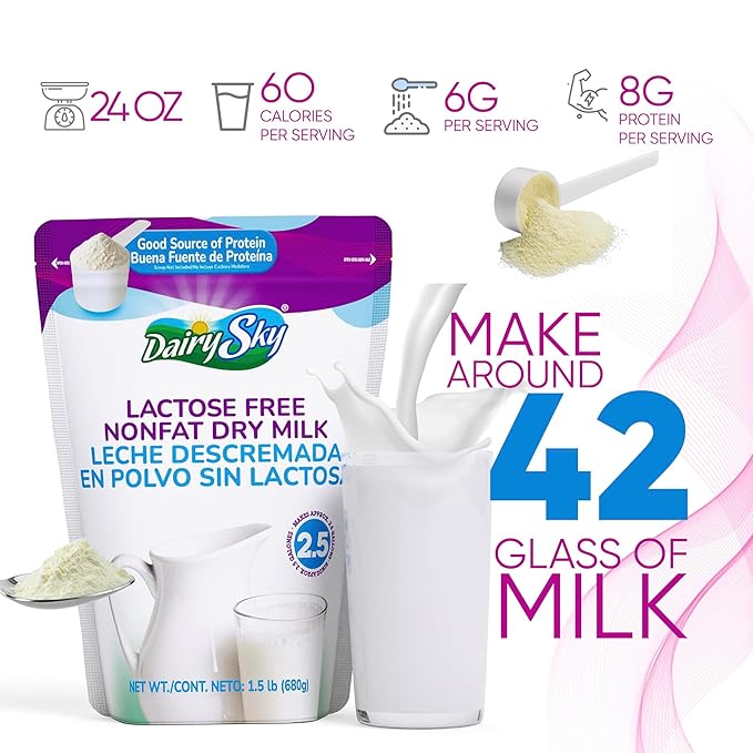 DairySky Lactose Free Milk Powder 24 Oz - Non GMO Fat Free Powdered Milk for Baking &amp Coffee Kosher with Protein &amp Calcium Great Substitute for Liquid Milk RBST Hormone Free (Pack-1)