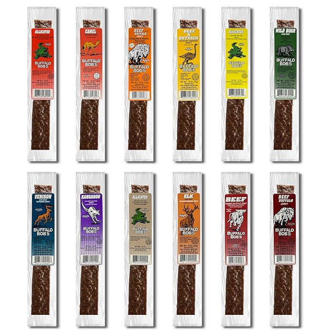 BUFFALO BOB'S Wild Game Meat Snacks - 50 Assorted Flavor of Exotic Jerky - Alligator Buffalo Elk Venison &amp More - High-Protein Snack for Adventure Enthusiasts Stocking Stuffer Gift for Men/D