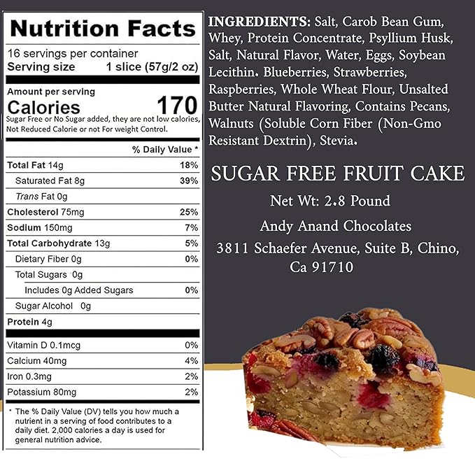ANDY ANAND CHOCOLATIER Sugar Free Gourmet Fruit Cake with Berries Pecans &amp Walnuts Sweetened with Stevia Moist &amp Rich Handmade in California Perfect for Celebrations 2.8 lb