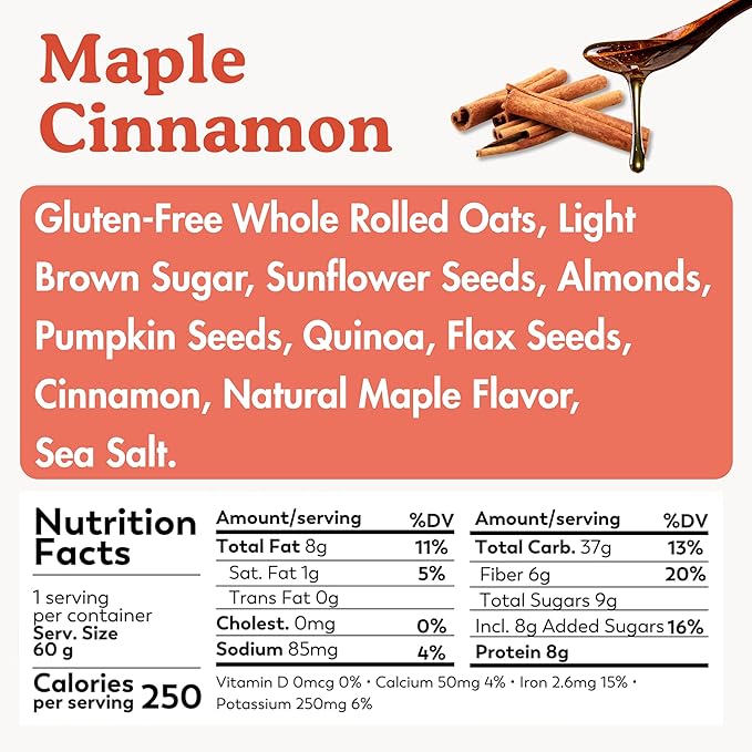 Earnest Eats Superfood Oatmeal Cups - Maple Almond Cinnamon – 8g Plant Protein Gluten Free Vegan On-the-Go Breakfast 2.1 Ounces Each (12 Pack)