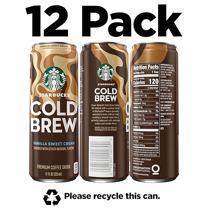 Starbucks Cold Brew Coffee Vanilla Sweet Cream 11 fl oz Cans (12 Pack) Premium Coffee Drink Iced Coffee