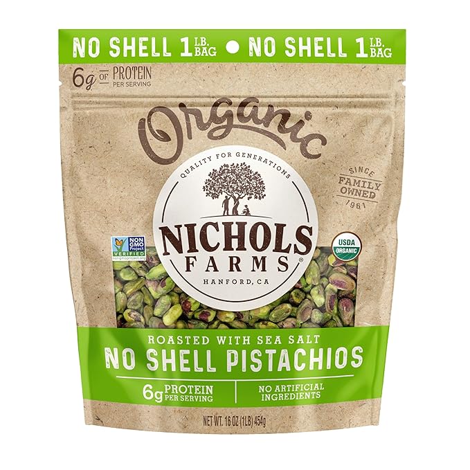 Nichols Farms Organic No Shell California Pistachios Roasted with Sea Salt 1LB (Pack of 2)