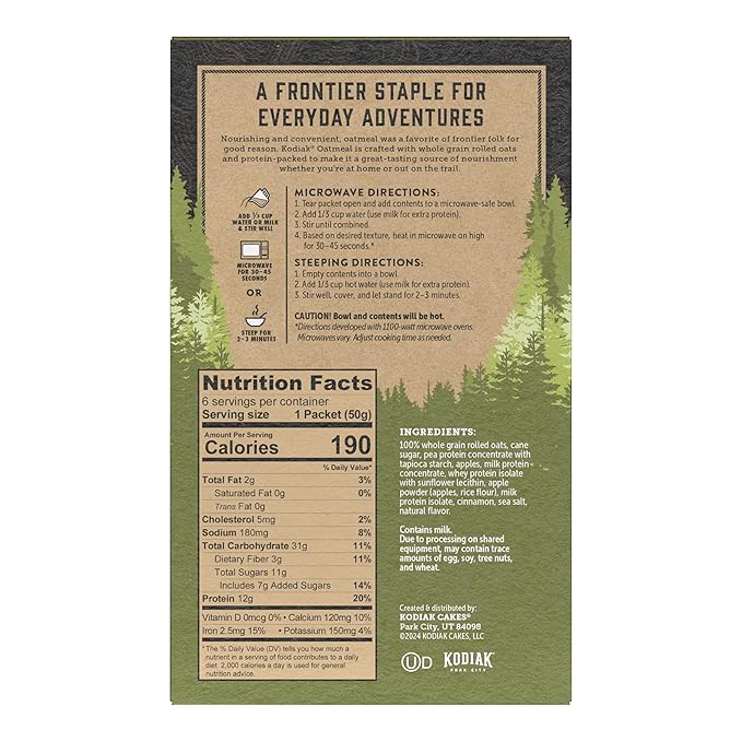 Kodiak Cakes Instant Oatmeal Packets Apple Cinnamon High Protein 100% Whole Grains 6 boxes with 6 packets each (36 packets)
