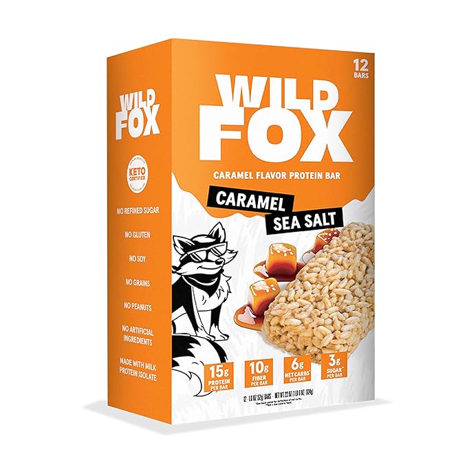 Wild Fox Protein Bars - Keto-Certified High Protein Snack with No Refined Sugar Great Taste 15g Protein and No Seed Oils Caramel Sea Salt