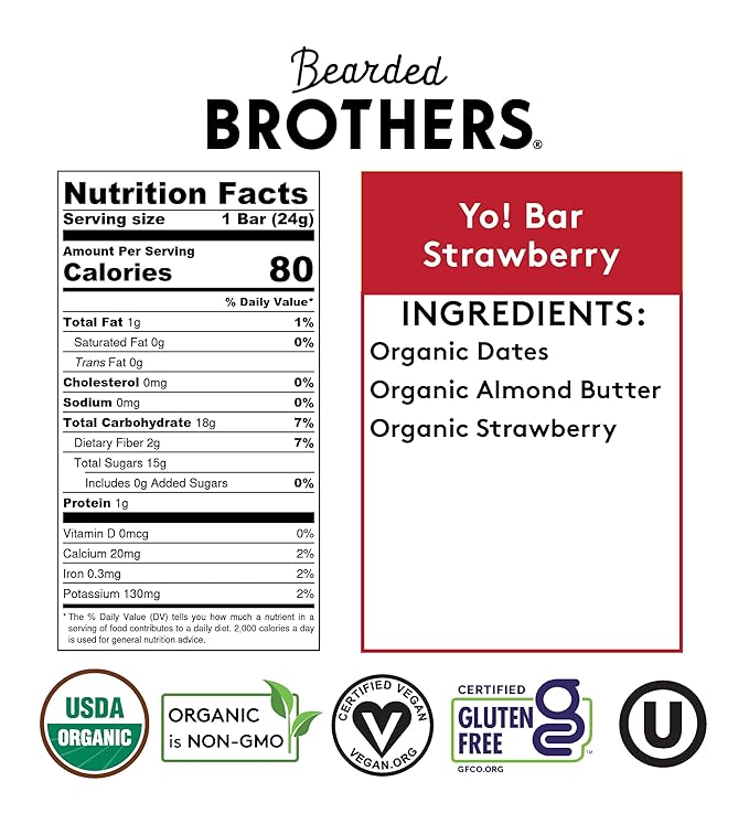 Yo! Bar by Bearded Brothers Vegan Organic Kids Bar Strawberry (25 Bars) - Gluten Free Paleo and Whole 30 | Soy Free Non-GMO Low Glycemic No Sugar Added Fiber + Whole Foods