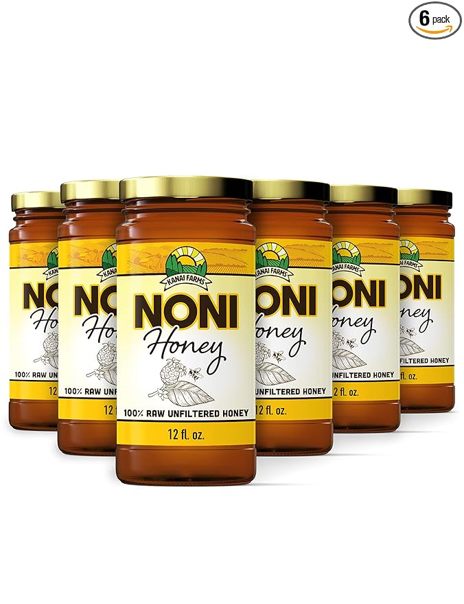 Noni Honey - 100% Pure Raw Unfiltered Unprocessed - 6 Pack of 12oz Glass Bottles
