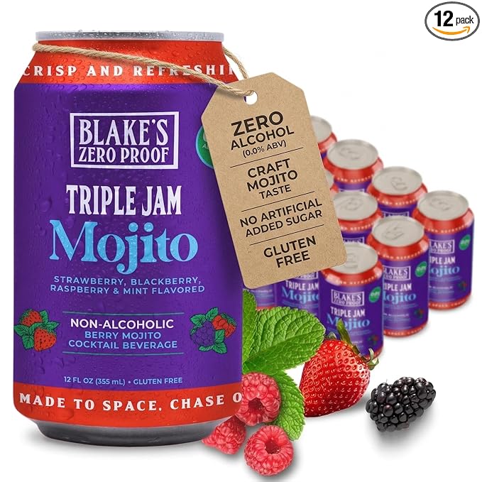 Blake’s Zero Proof Triple Jam Mojito Sparkling Mocktail – Non Alcoholic Carbonated Juice Beverage Gluten Free Berry Mint Inspired Flavor Lightly Carbonated Cocktail-Inspired Drink 12 Pack of Cans