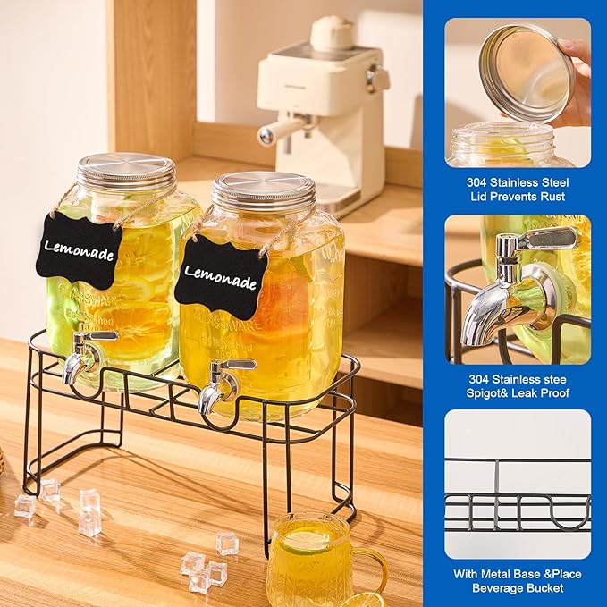 1 Gallon Glass Drink Dispensers for Parties 2PACK Beverage Dispenser with Stand Fruit Infuser and Stainless Steel Spigot 100% Leakproof Beverage Dispenser for Lemonade Sun Tea