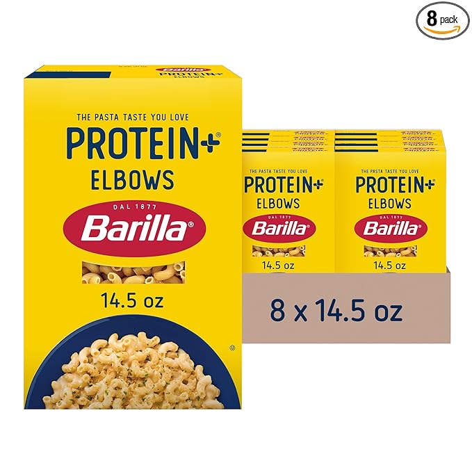 BARILLA Protein+ (Plus) Elbows Pasta 14.5 Ounce (Pack of 8) - plant based pasta - Made from Lentils Chickpeas &amp Peas - Non-GMO Kosher Certified and Vegan