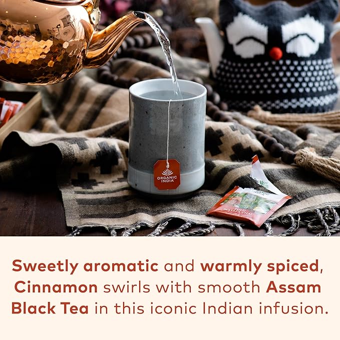 Organic India Tulsi Masala Chai Tea Bags - Holy Basil Black Tea Spices with Ginger Stress Relieving Immune Support USDA Certified Organic Antioxidant Caffeinated - 18 Infusion Bags 6 Pack