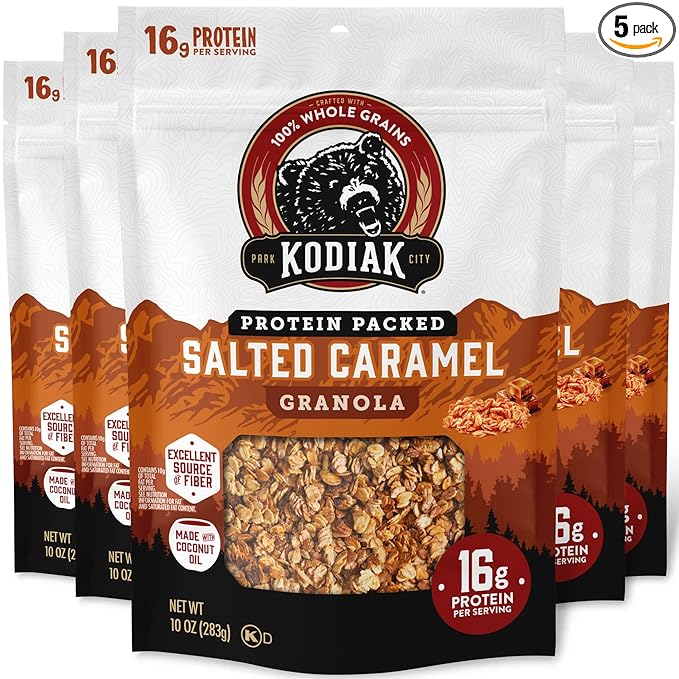 Kodiak Cakes Granola Salted Caramel High Protein 100% Whole Grains (Pack of 5 pouches)
