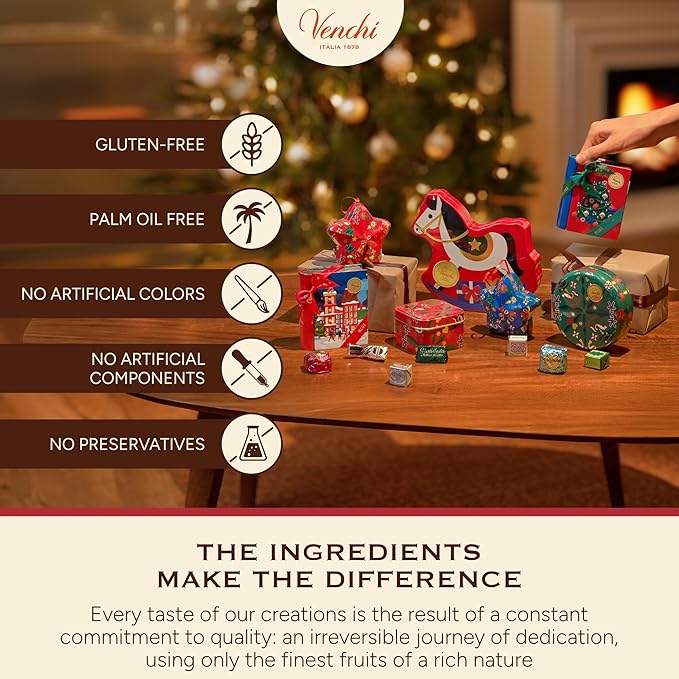 Venchi Medium Christmas Hatbox Gift with Assorted Chocolates with “Piedmont Hazelnut” Limited Edition 9.70 oz Gluten-Free Gift Idea