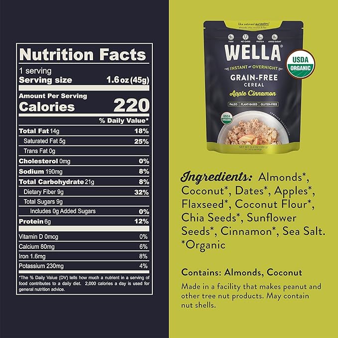 Wella Cereal Oatmeal Alternative Gluten-Free Breakfast Hot Cereal Grain-Free Paleo Organic Vegan High Protein Superfood Plant-Based Non-GMO Low in Net Carbs Multi-Serve Bags Bundle Original &amp