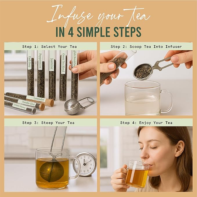 Loose Leaf Tea Sampler - Tea Gift Set Box – 8 Unique Flavors with Stainless Steel Infuser | Vanilla Chai Jasmine Lemon Honey &amp More | Tea Gift Set for Women and Men - Set of 9 - Valentine Gifts