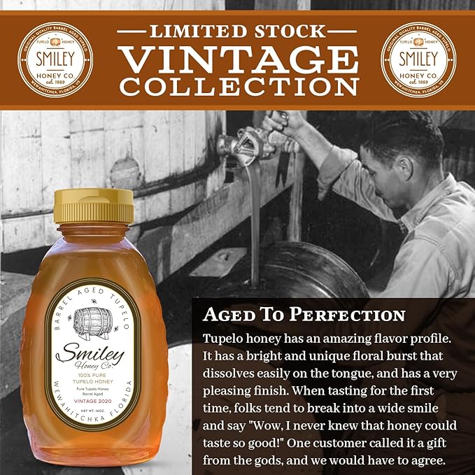 Smiley Honey Barrel Aged Tupelo Honey Vintage 2020 Aged 5 Years in Kentucky Owl Bourbon Barrels Exclusive Run (16oz Barrel Aged Tupelo Honey)