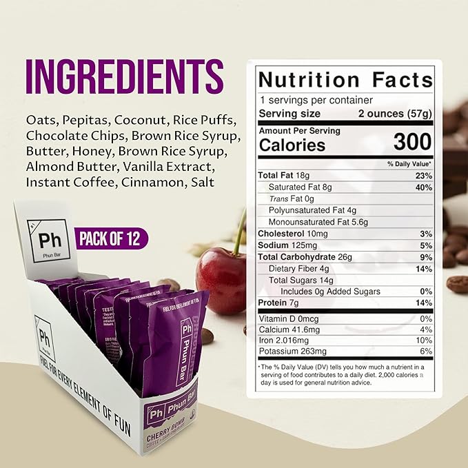 Phun Bar Cherry Bomb Energy Bars (Pack of 12) 25mg Caffeine | Coffee + Dark Chocolate + Cherry | Gluten-Free Sports Energy Bars for Cycling Hiking Training &amp Busy Days