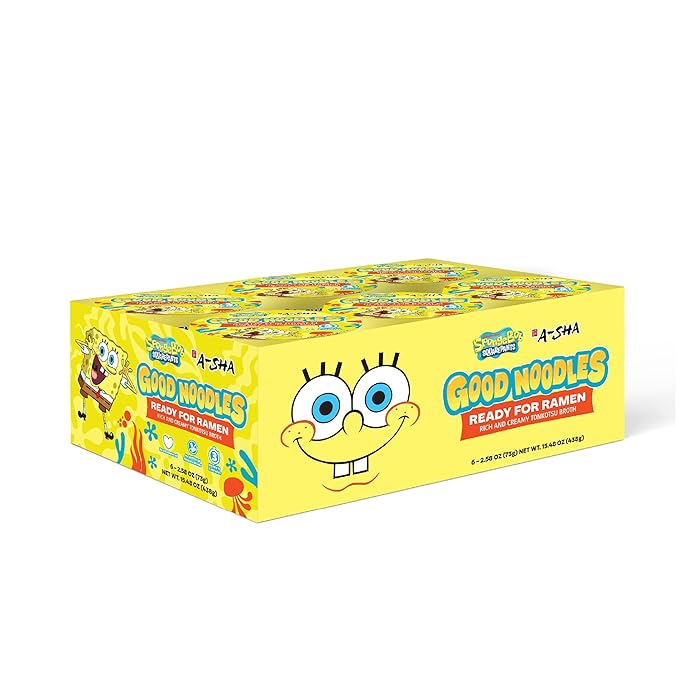 A-Sha &amp SpongeBob Squarepants Good Noodles (6 Pack) | Ready for Ramen (Mildly Spicy Flavor) | Rich and Creamy Tonkotsu Broth | Better For Your Microwaveable Ramen Soup Mix
