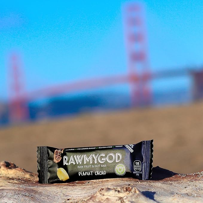 RAWMYGOD Fruit and Nut Bars Good Source of Protein (5g 20% protein content) Gluten Free Vegan No Added Sugar (20 bars Peanut &amp Cacao)