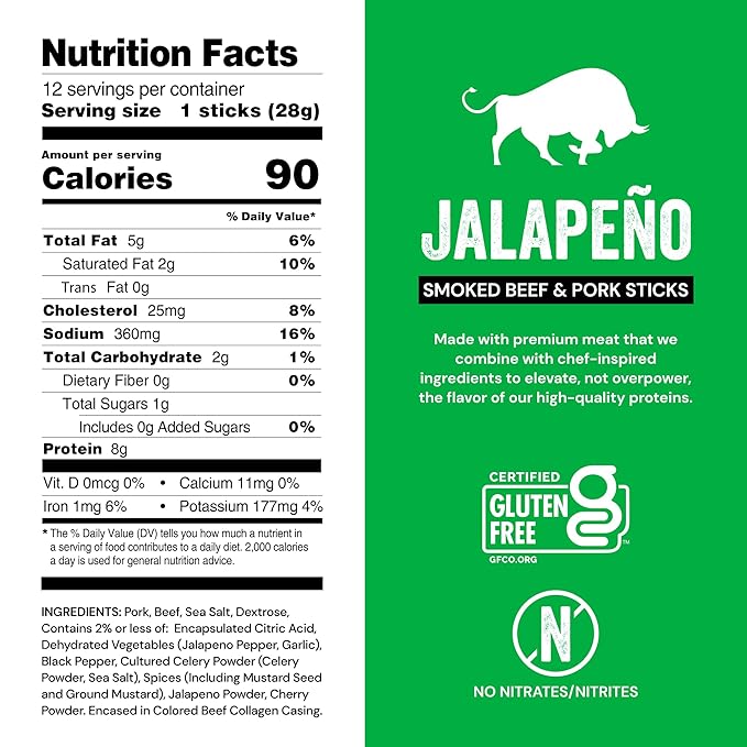 Chef’s Cut Real Snack Sticks | High Protein Meat Snack Sticks with 8g Protein Gluten Free Keto-Friendly| Premium Smoked Beef &amp Pork Blend | Jalapeño Heat | 1 oz Stick (12-Count Bag)