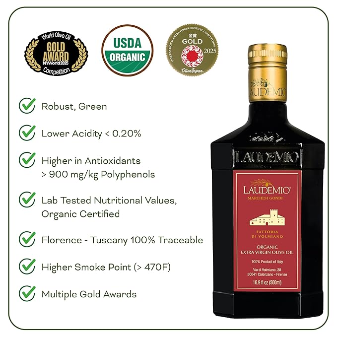 Laudemio Volmiano – Organic Tuscan Extra Virgin Olive Oil 900+ mg/kg High-Polyphenol Italian EVOO 2025 NYIOOC Gold Award Early Harvest Cold Extracted Lab Tested Pesticide-Free Premium Gift Box