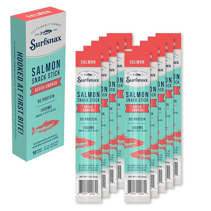 Surfsnax Salmon Jerky Snack Sticks - Sustainably Farmed Beechwood Smoked Salmon Jerky Snacks - High in Protein Omega-3's Keto Paleo Whole30 10 Count