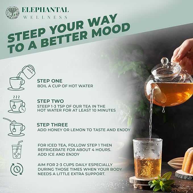 Elephantal Wellness Premium Joy Herbal Tea | Mood &amp Emotional Balance Support with St. John’s Wort Kava Ginkgo &amp Lavender | Handmade Non-GMO Caffeine-Free Loose Leaf Blend 2oz 20 Serving