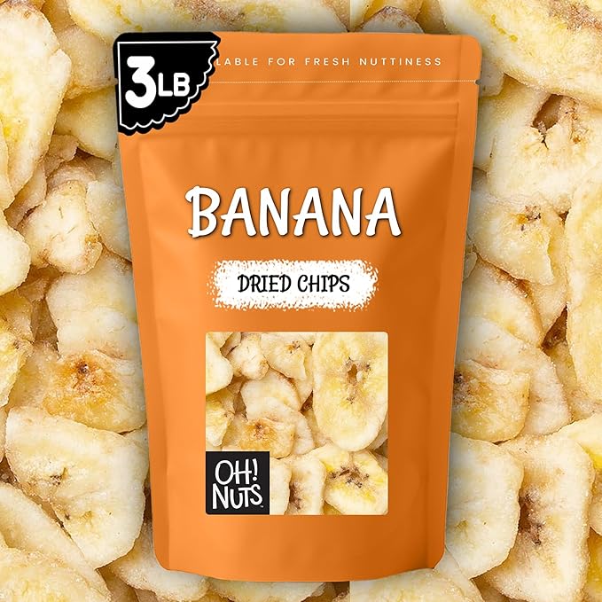 Oh! Nuts Dried Banana Chips - 3 lb - Dried Fruit Slices - Light Sugar Added - Dehydrated Fruit Bites - Packed in New York Zip-Seal Bag for Exceptional Freshness