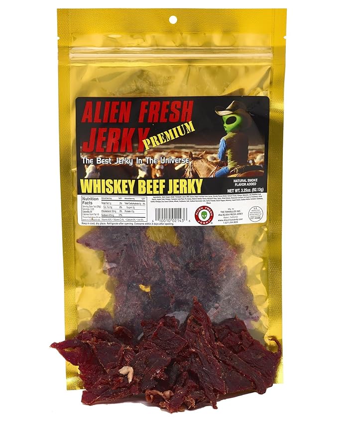 Alien Fresh Jerky | Top Trio | Sweet And Spicy - Abducted Cow Pineapple Teriyaki - Whiskey | - Variety Pack - Premium Beef - Low Calorie Snack - The Best Jerky In The Universe - Made In USA 3 Pack Sam