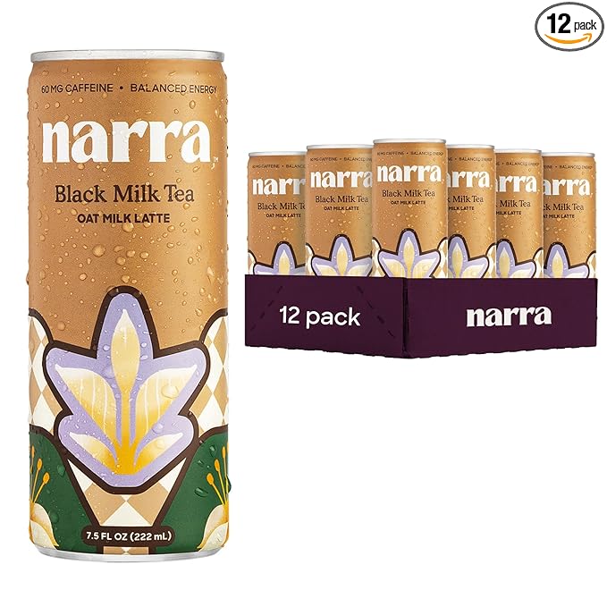 Narra Oat Milk Tea Latte (12 Pack) - Black Tea Smooth Balanced Energy from Tea (50–60mg Caffeine + L-Theanine) Organic Oat Milk MCT Oil Vegan Dairy Free No Refined Sugar Non-GMO