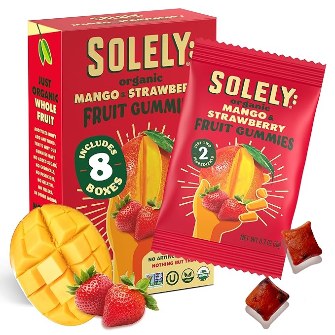 SOLELY - Organic Mango &amp Strawberry Whole Fruit Gummies (Pack of 8 Boxes 5 Bags per Box) - Real Fresh Fruit - Healthy Snacks for Adults &amp Kids - Non GMO Vegan Snacks Shelf Stable - 40 Bags