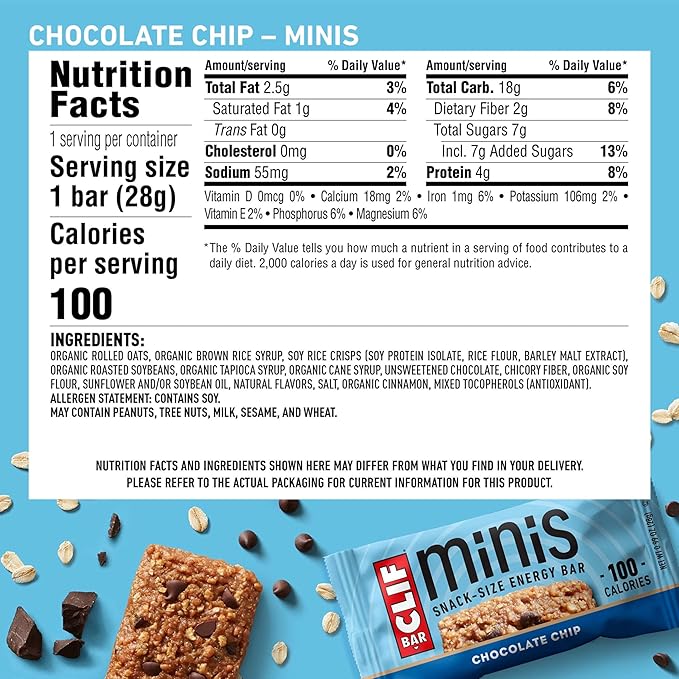 CLIF BAR - Chocolate Chip - Full Size and Mini Energy Bars - Made with Organic Oats - Non-GMO - Plant Based - 2.4 oz. and 0.99 oz. (20 Count)