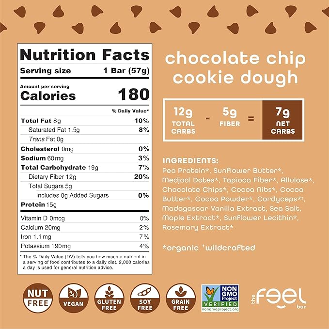 Feel Vegan Protein Bars Balance Cordyceps 15g Protein Adaptogenic Snack Organic Low Carb Gluten Free Dairy Nut Grain Soy Free Cookie Dough 10 Pack