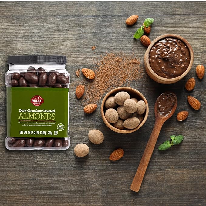 Wellsley Farms Dark Chocolate Covered Almonds – 2lbs 13oz | Whole Roasted Almonds with Real Creamy Dark Chocolate | Kosher Gluten-Free Snack