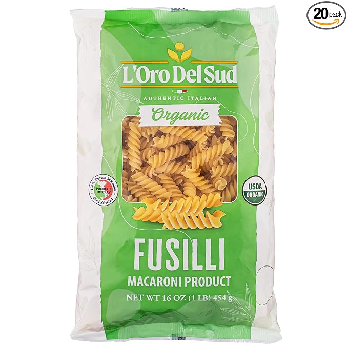 Organic Fusilli Pasta (16 oz x 20 Pack) Italian Pasta Durum Wheat Premium Quality Product of Italy L'Oro del Sud
