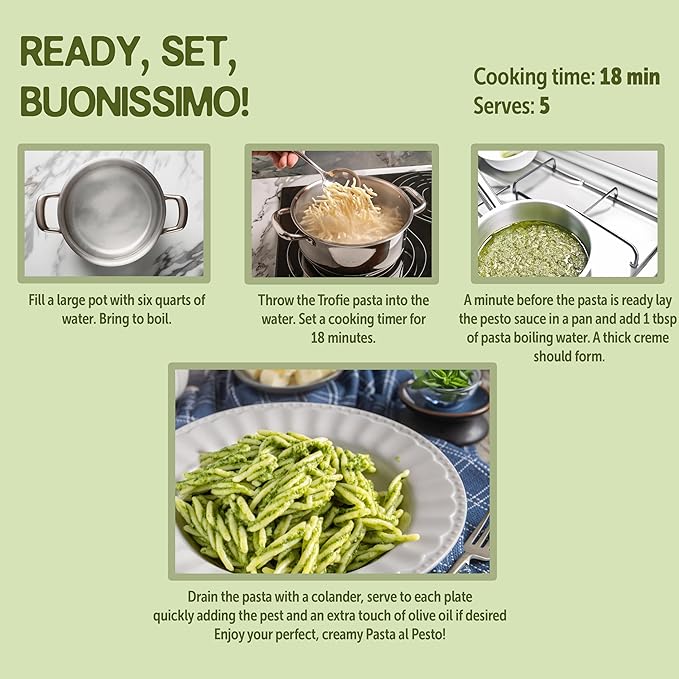 Gusta Trofie al Pesto Pasta Meal Kit - Made in Italy - Gourmet Italian Food Lovers - Italian Gift Basket Gourmet Pasta - Authentic Italian Recipe - Makes 5 Meals with Recipe Booklet