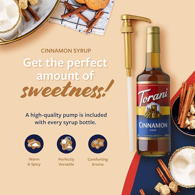 Torani Coffee Syrup Cinnamon Flavored Syrup for Drinks Glass Bottle 4-Pack Pumps Included 25.4 Fl Oz
