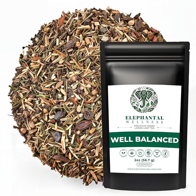 Elephantal Wellness Premium Well Balanced Herbal Tea | For Healthy Cortisol Adaptogenic Stress &amp Energy Support with Ashwagandha Reishi Eleuthero &amp Lion’s Mane | Handmade Caffeine-Free No